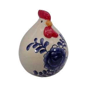 8” Fat Chicken Hen Rooster Glaze Ceramic Pottery Figurine With Blue Flower